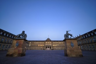 Heraldic animal lion and stag in front of the main wing and cour d'honneur Neues Schloss,
