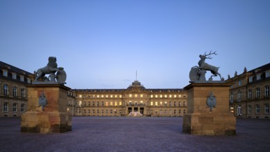 Heraldic animal lion and stag in front of the main wing and cour d'honneur Neues Schloss,