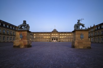 Heraldic animal lion and stag in front of the main wing and cour d'honneur Neues Schloss,