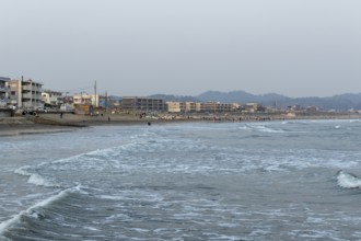 Houses on the seafront and surfers in the surf at dusk on the beach in Kamakura, Kanagawa