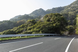 Tarmac road through green vegetation and mountain landscape in the evening light, Hota, Kyonan,