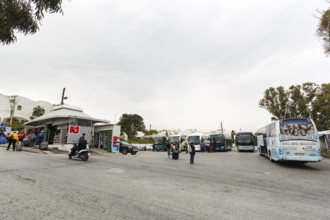 Tourists, Arrival at the bus station, Fira, Santorini, Cyclades, Greece