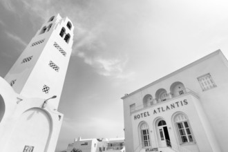 Hotel Atlantis, bell tower of the Orthodox Metropolitan Cathedral, monochrome, Fira, Santorini,