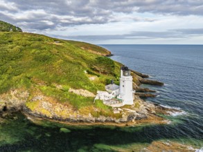St Anthony Lighthouse from drone, Roseland peninsula, Head circular walk, Cornwall, UK