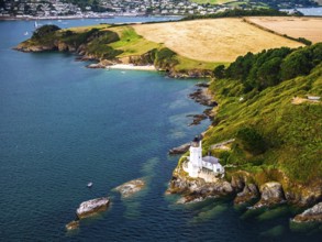 St Anthony Lighthouse from drone, Roseland peninsula, Head circular walk, Cornwall, UK