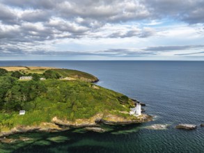 St Anthony Lighthouse from drone, Roseland peninsula, Head circular walk, Cornwall, UK