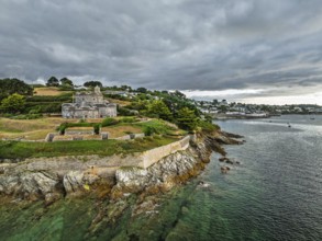 St Mawes Castle from a drone, Carrick Roads, River Fal, Falmouth, Cornwall, UK