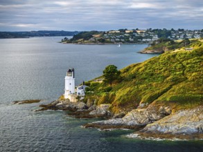 St Anthony Lighthouse from drone, Roseland peninsula, Head circular walk, Cornwall, UK