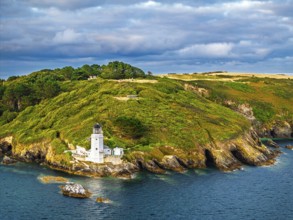 St Anthony Lighthouse from drone, Roseland peninsula, Head circular walk, Cornwall, UK