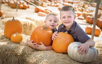 Two boys having fun at the pumpkin patch on a sunny fall day