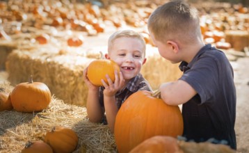 Two boys having fun at the pumpkin patch on a sunny fall day