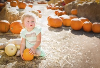 Cute baby girl having fun at the pumpkin patch on a sunny fall day