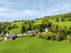 Farms and Fields from a drone, Townend house, Troutbeck, Windermere, Lake District, Cumbria, UK