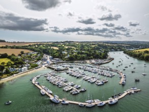 Mylor Churchtown Village from a drone, Carrick Roads, River Fal, Falmouth, Cornwall, UK