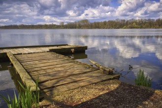 Old wooden jetty on the lake (Krickenbecker Seen) with clouds reflecting on the water, Nettetal