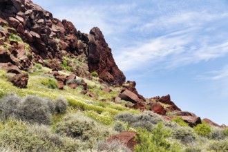 Red rocks, volcanic rock, typical landscape near Akrotiri, Santorini, Cyclades, Greece