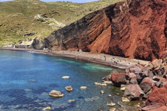 The red beach, Kokkini Paralia, red cliffs, steep coast near Akrotiri, Santorini, Cyclades, Greece