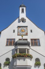 West faÃ§ade with clock and floral decoration, town hall, Kempten, AllgÃ¤u, Bavaria, Germany