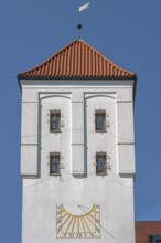 The Waisentor with tiled roof and sundial, Kempten, AllgÃ¤u, Bavaria, Germany