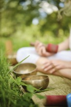Participants are engaged in a peaceful outdoor meditation session, skillfully playing singing bowls