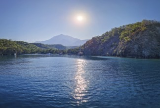 Wonderful Paradise bay of Camyuva, Kemer, Turkey. Scenery sea view to the coast with boats on the