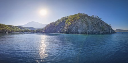 Wonderful Paradise bay of Camyuva, Kemer, Turkey. Scenery sea view to the coast with boats on the