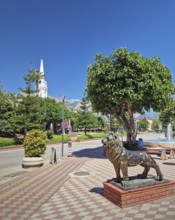 KEMER, TURKEY - JULY 5, 2025 Kemer Saat Kulesi today Cafe Mokka in the city centrum, with view from