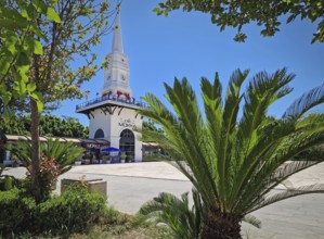 KEMER, TURKEY - JULY 5, 2025 Beautiful view to Kemer Saat Kulesi today Cafe Mokka in the city