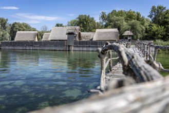 Wooden bridge stretches towards thatched buildings in the middle of idyllic nature, pile dwellings