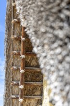 Close-up of a thatched roof with rope connections against a blue sky, pile dwellings at