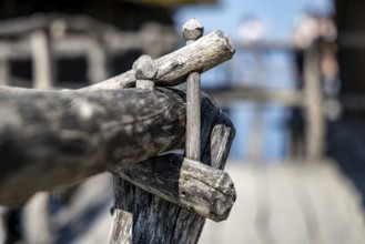 Close-up of a rustic wooden frame with a blurred background, pile dwellings Unteruhldingen Open-Air