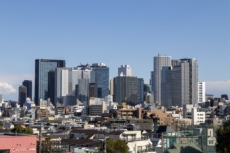 Modern architecture, view over the rooftops of the city to the glass facades of skyscrapers against