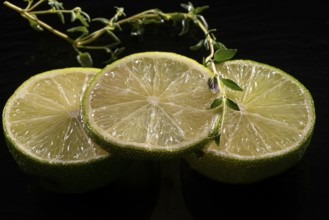Three lime slices with green decoration on a stone plate