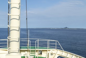 Deck of the Marix Line ferry Queen Coral Plus with a view of Ie Island, Motobu, Kunigami District,