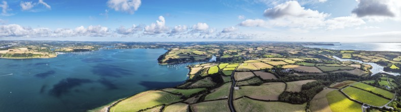 Panorama of Farms and Fields over St Mawes from drone, Carrick Roads, River Fal, Falmouth,