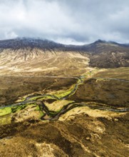 Panorama of Eas a' Bhradain Waterfall from drone, Red Cuillin mountains, Loch Ainort, Isle of Skye,