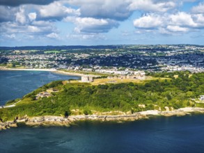 Pendennis Castle and Pendennis Point from a drone, Falmouth, Cornwall, UK