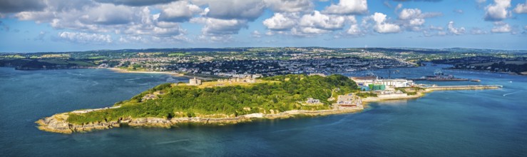 Panorama of Pendennis Castle and Pendennis Point from a drone, Falmouth, Cornwall, UK
