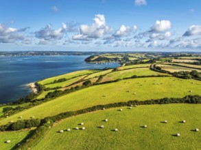 Farms and Fields over St Mawes from drone, Carrick Roads, River Fal, Falmouth, Cornwall, UK