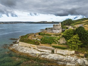 St Mawes Castle from a drone, Carrick Roads, River Fal, Falmouth, Cornwall, UK