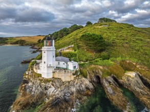 St Anthony Lighthouse from drone, Roseland peninsula, Head circular walk, Cornwall, UK