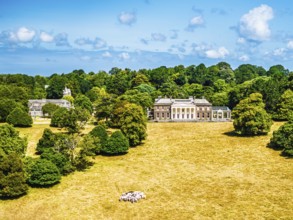 Trelissick House and Garden from drone, Carrick Roads, River Fal, Feock, Truro, Cornwall, UK