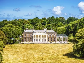Trelissick House and Garden from drone, Carrick Roads, River Fal, Feock, Truro, Cornwall, UK