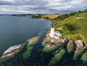 St Anthony Lighthouse from drone, Roseland peninsula, Head circular walk, Cornwall, UK