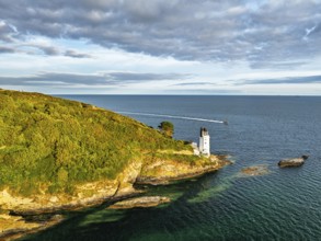 St Anthony Lighthouse from drone, Roseland peninsula, Head circular walk, Cornwall, UK