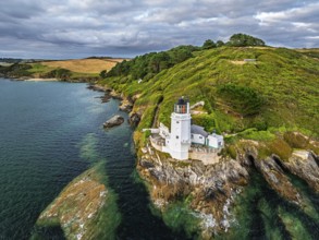 St Anthony Lighthouse from drone, Roseland peninsula, Head circular walk, Cornwall, UK