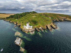 St Anthony Lighthouse from drone, Roseland peninsula, Head circular walk, Cornwall, UK