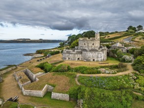 St Mawes Castle from a drone, Carrick Roads, River Fal, Falmouth, Cornwall, UK