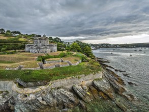 St Mawes Castle from a drone, Carrick Roads, River Fal, Falmouth, Cornwall, UK