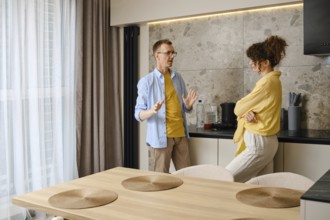 A man and a woman are discussing animatedly in a stylish kitchen, with sunlight streaming through